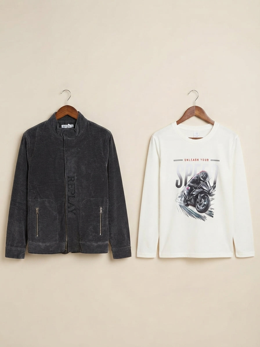 Stylish Boys Corduroy Jacket And Graphic T-Shirt Combo For Casual Daily Outfits
