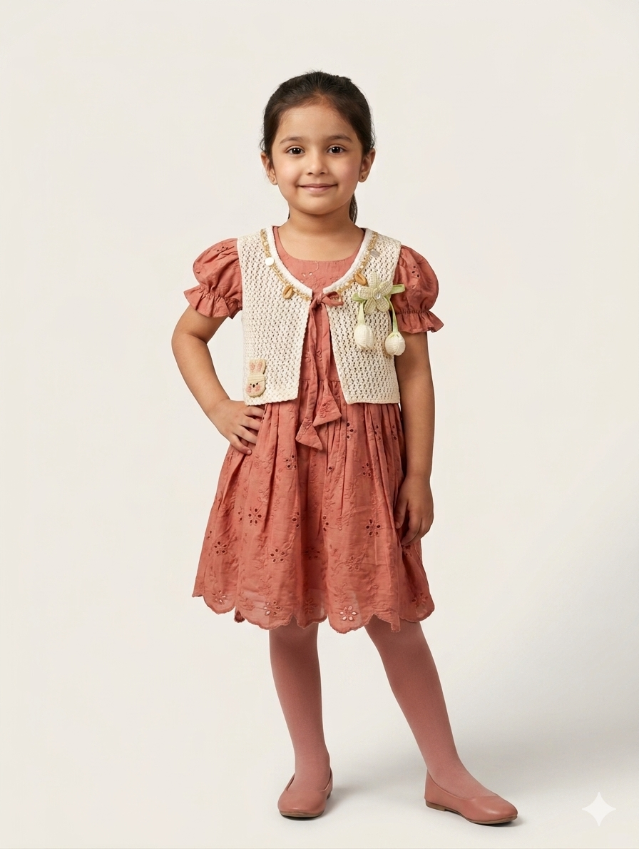 Elegant Girls' Eyelet Cotton Dress with Crocheted Vest and Matching Tights - Two Color Options