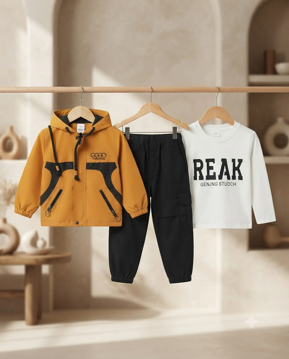Trendy Boys Hooded Jacket T-shirt and Cargo Pant Set for Comfortable Daily Wear