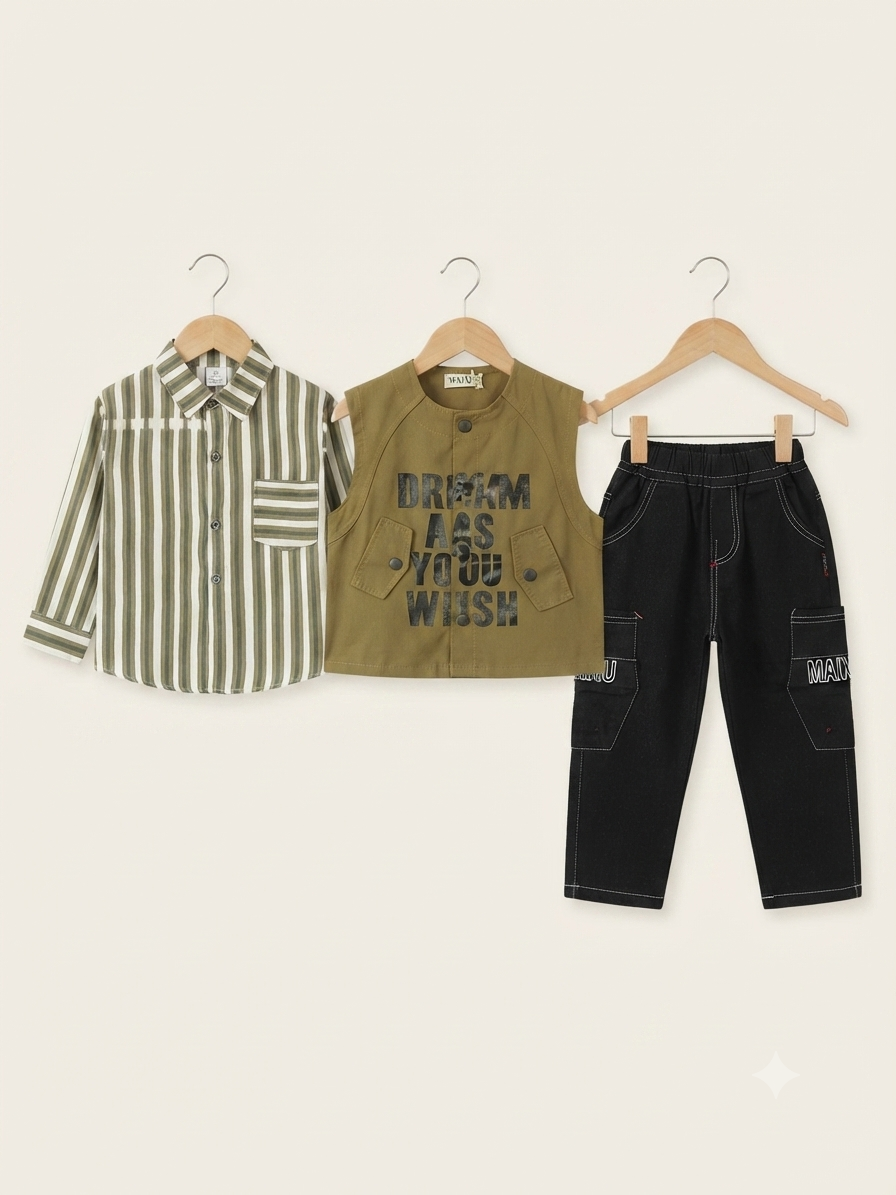 14-Word Title: Boys Olive Striped Shirt Matching Vest And Black Cargo Trousers 3 Piece Outfit Set