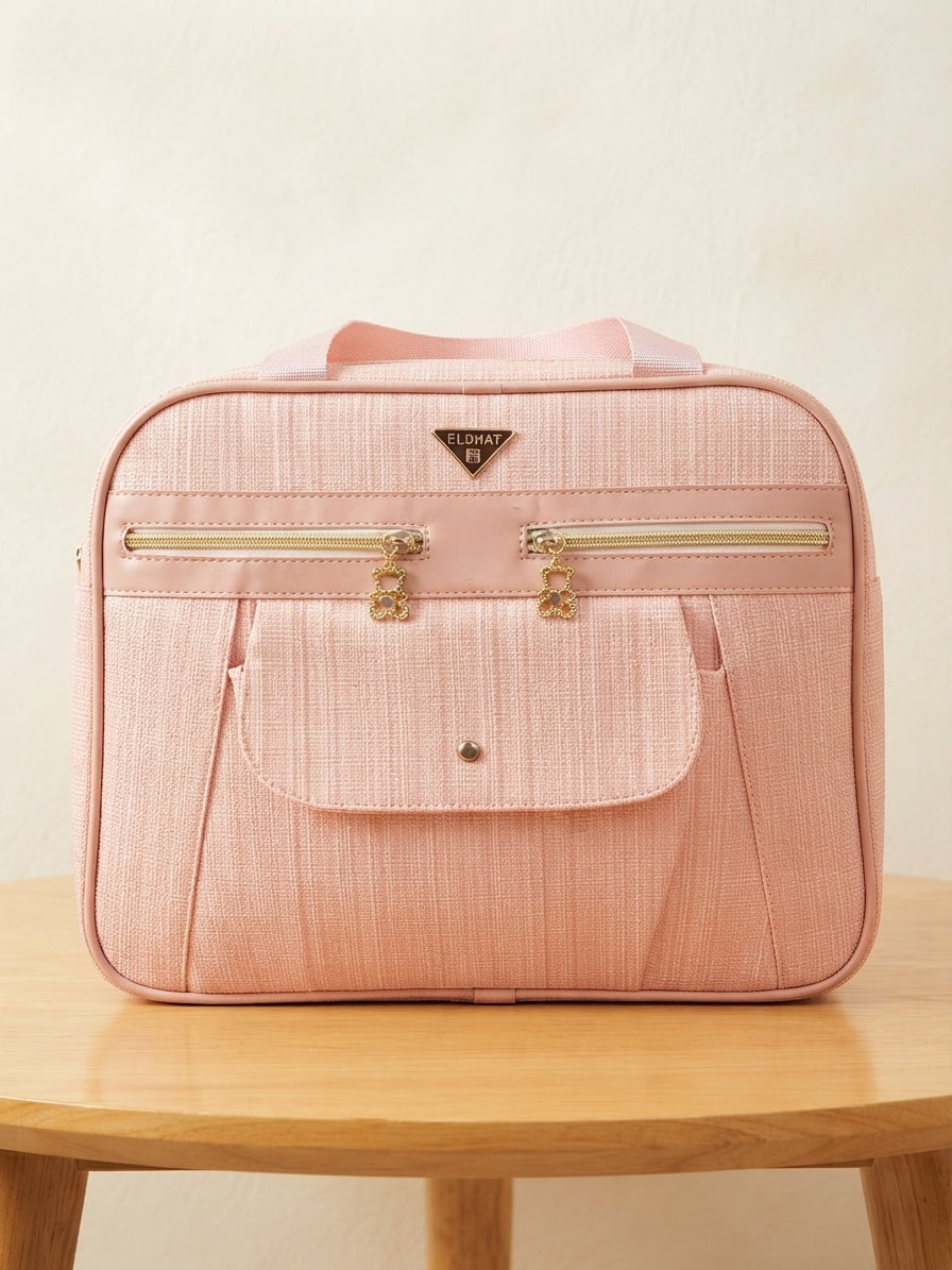 Stylish Pink Travel Handbag with Front Flap Pocket and Multiple Zipper Compartments