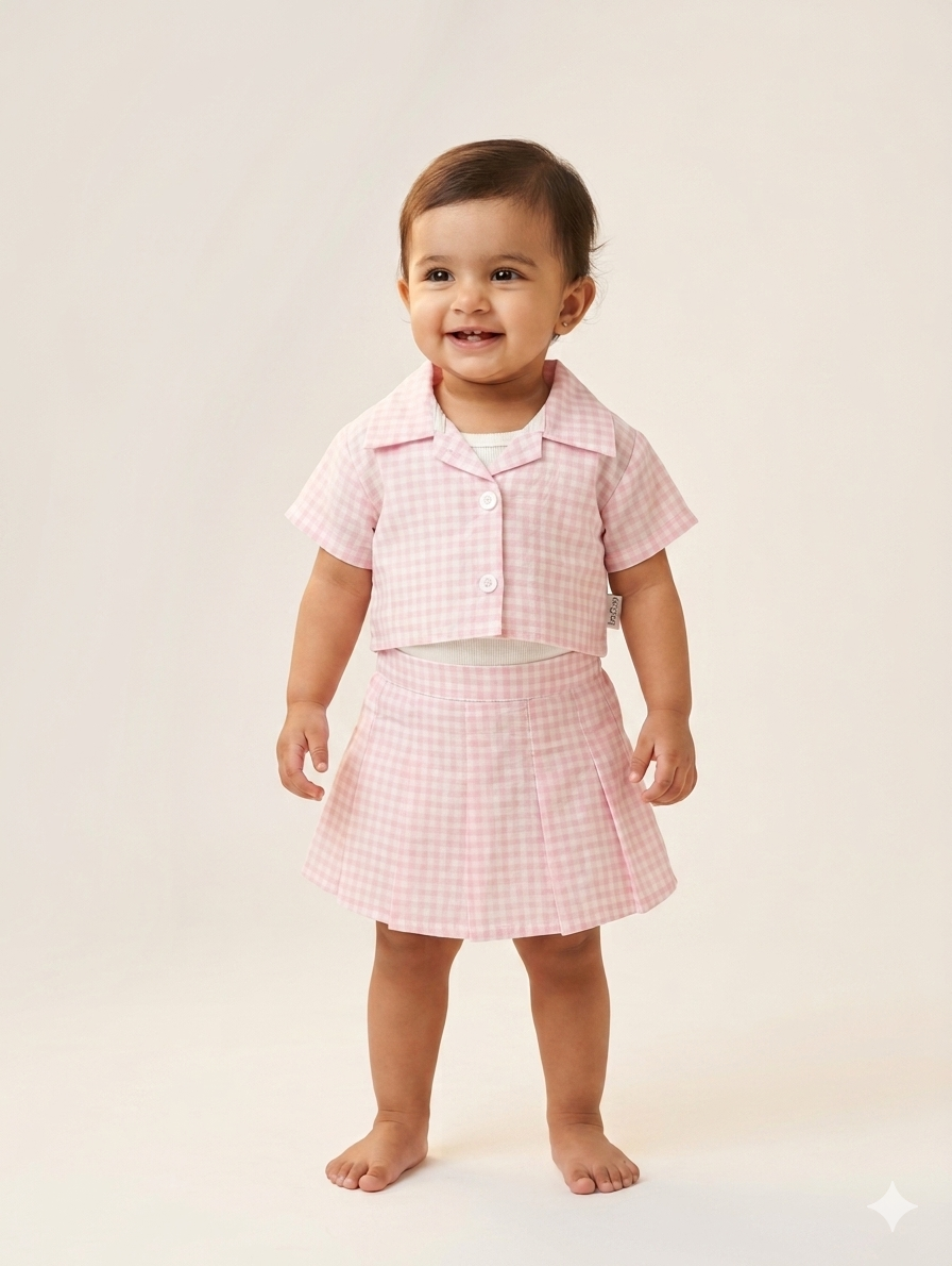 Toddler Girls Gingham Crop Shirt and Pleated Skirt Two-Piece Matching Summer Set