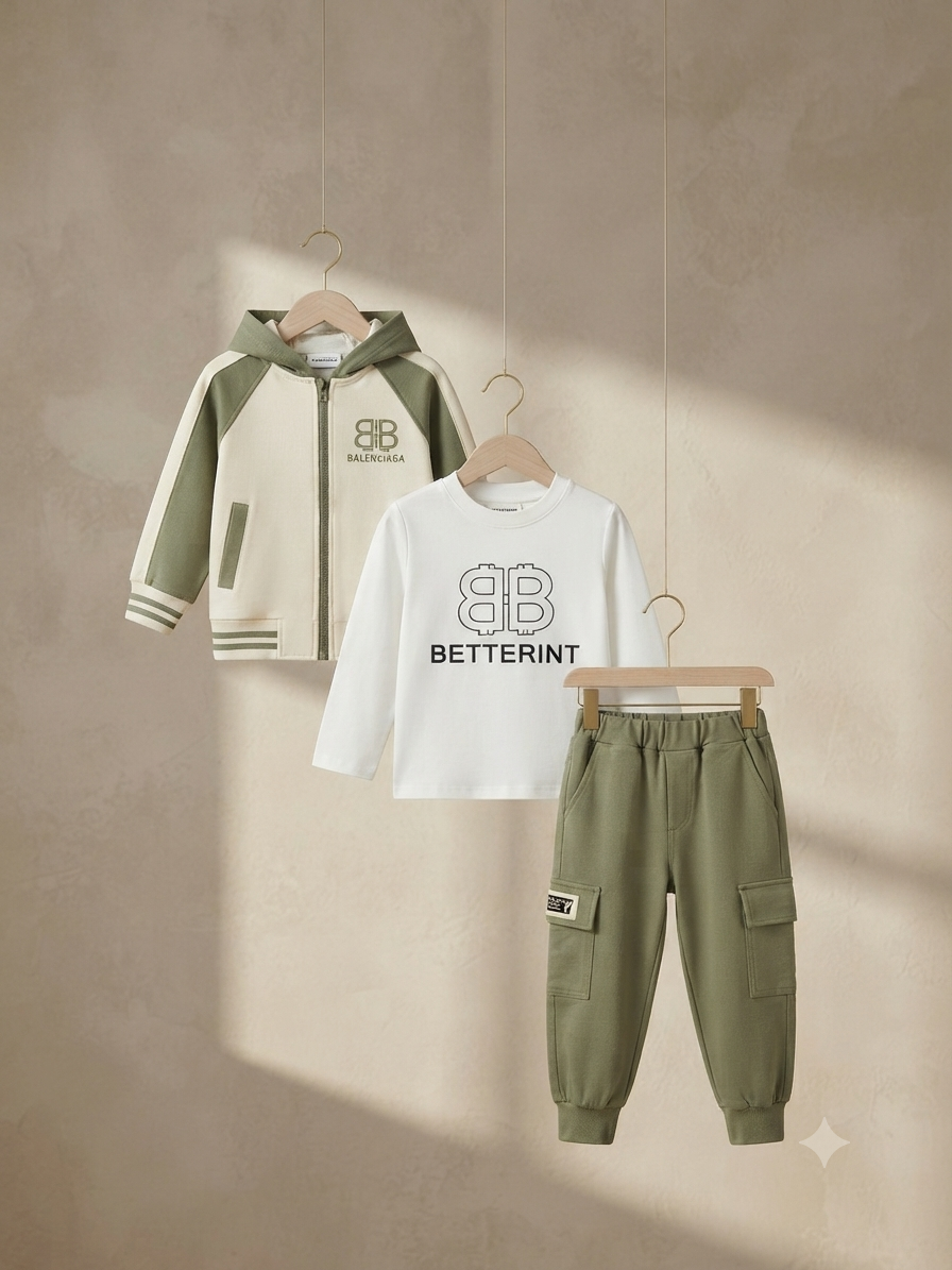 Stylish 3-Piece Kids Outfit Set Featuring Zip Hoodie, Graphic Shirt, and Comfortable Cargo Trousers