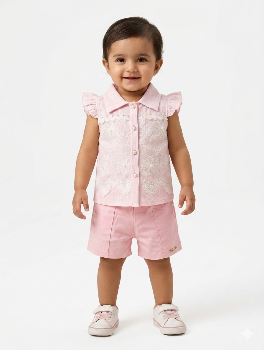 Toddler Girl Floral Lace Embroidery Ruffle Sleeve Shirt and Coordinating Shorts Two-Piece Summer Set