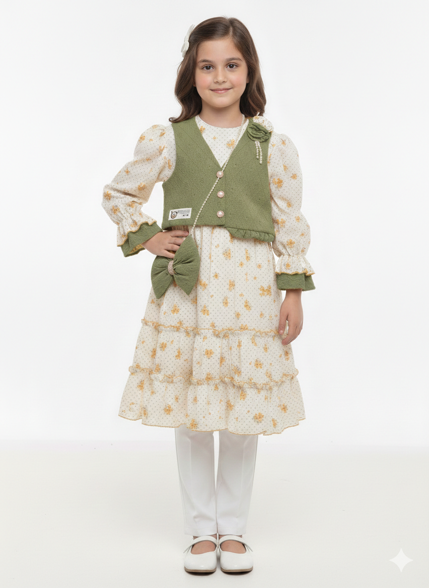 Girls' Elegant Floral Tiered Dress with Cropped Vest and Matching Bow Crossbody Bag Set
