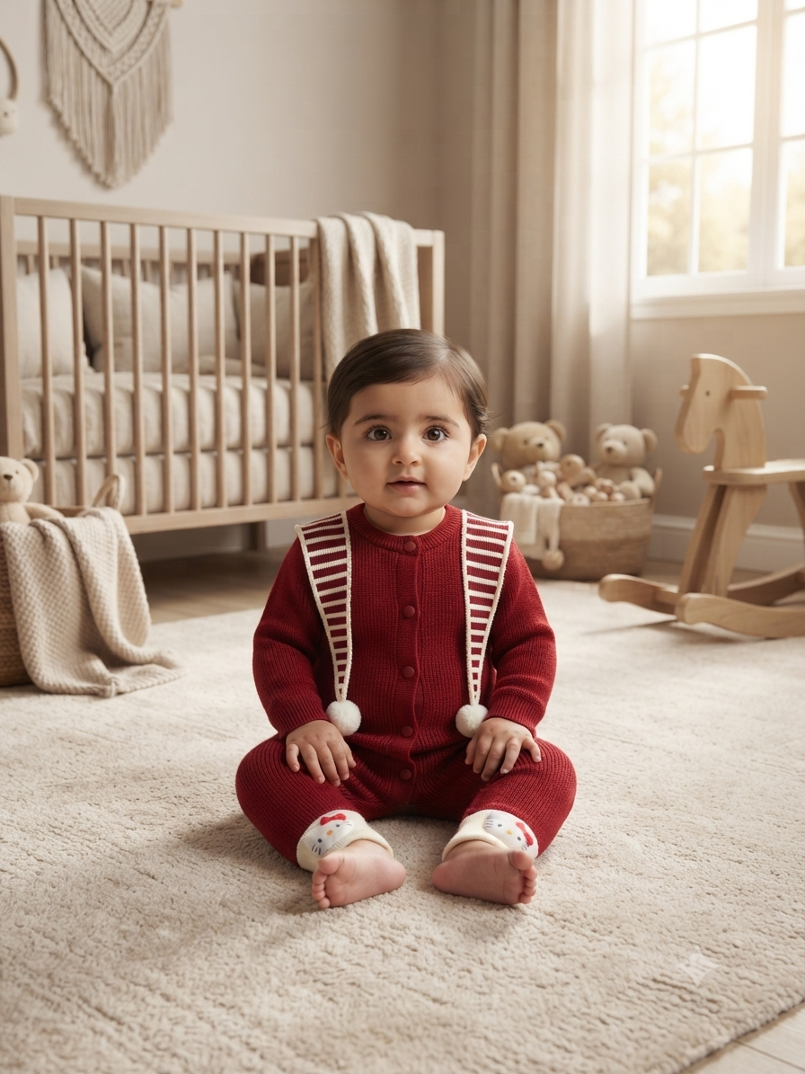 Chic Striped Collar Knitted Baby Romper With Pom Pom And Cute Cartoon Booties