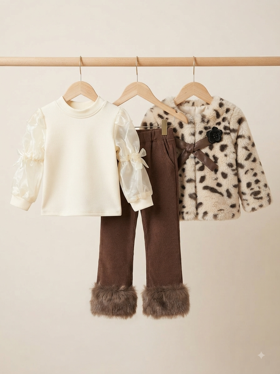 Three Piece Kids Outfit With Sheer Sleeve Top Vest And Ruffle Trousers