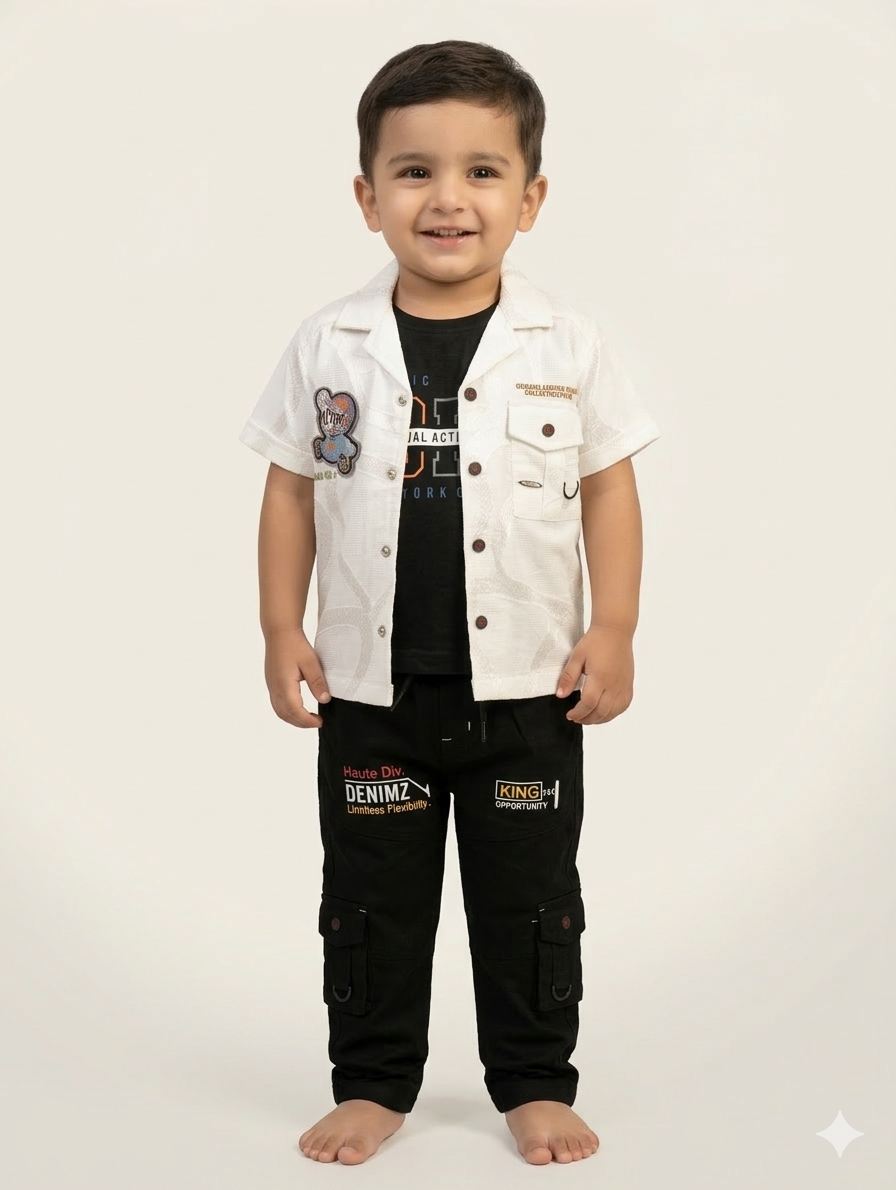 Toddler Boys Casual Three-Piece Outfit Set with Graphic Tee, Button-Down Shirt, and Cargo Pants