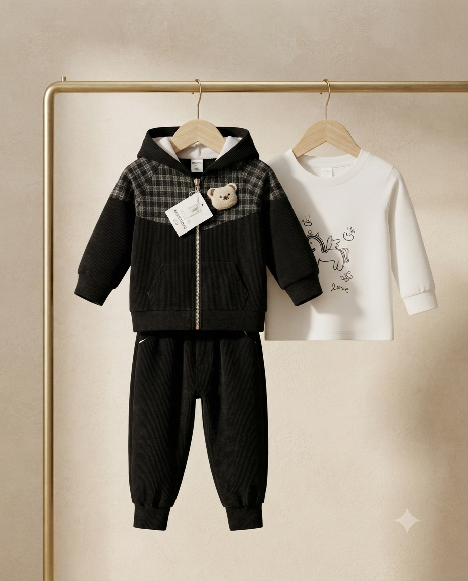 Kids Stylish 3-Piece Outfit Set: Hooded Zip Jacket, Matching Trousers, And Graphic Long-Sleeve Top