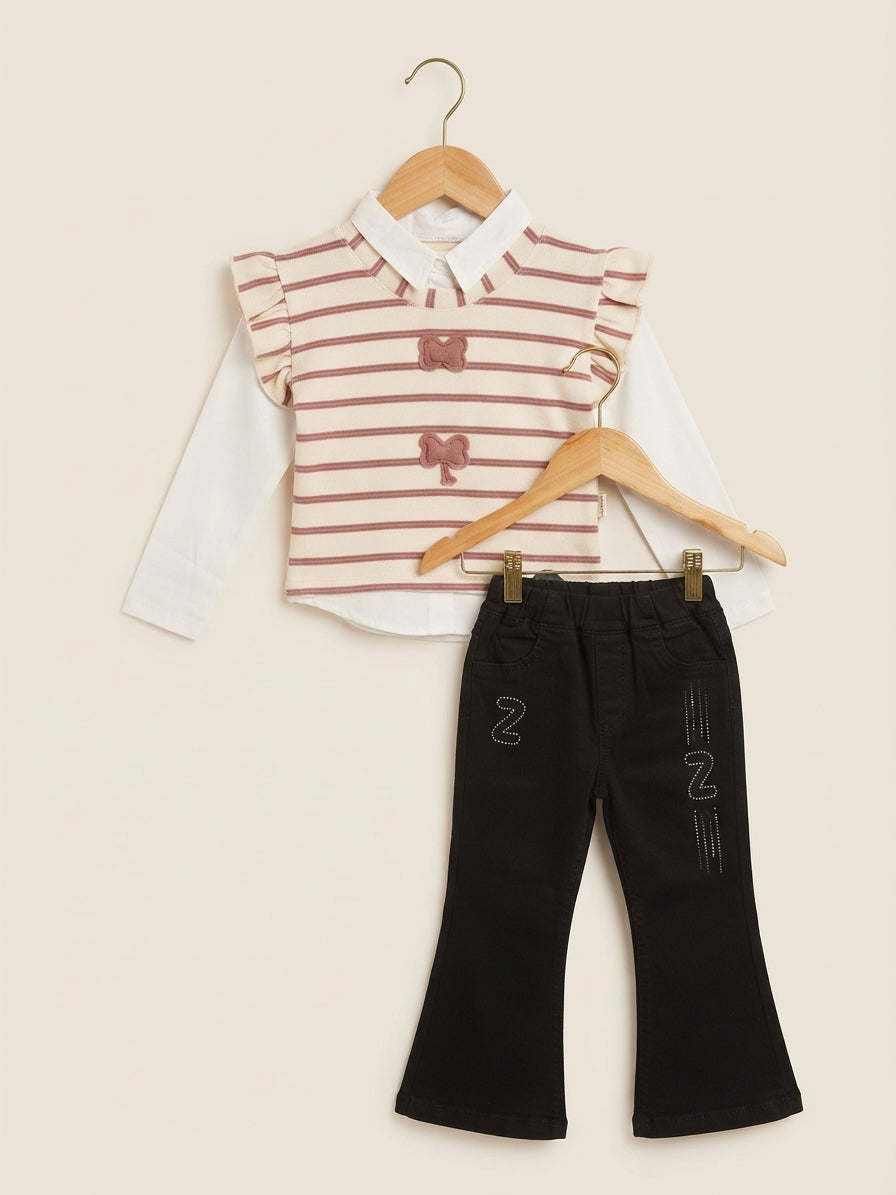 Girls Elegant Striped Floral Top And Black Trouser Pants Outfit Combo Set