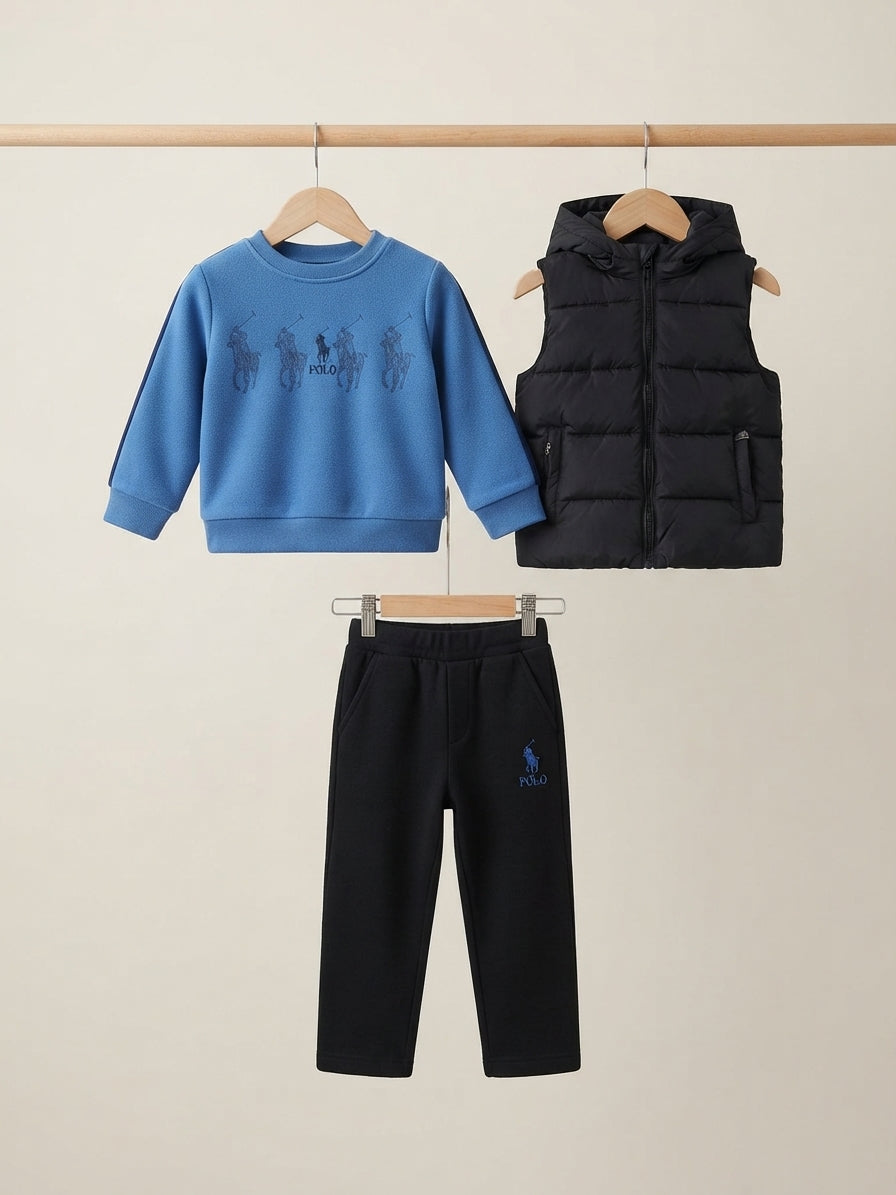 Kids Brand Logo Printed Crewneck Sweatshirt Puffer Vest And Trouser 3 Piece Outfit Set