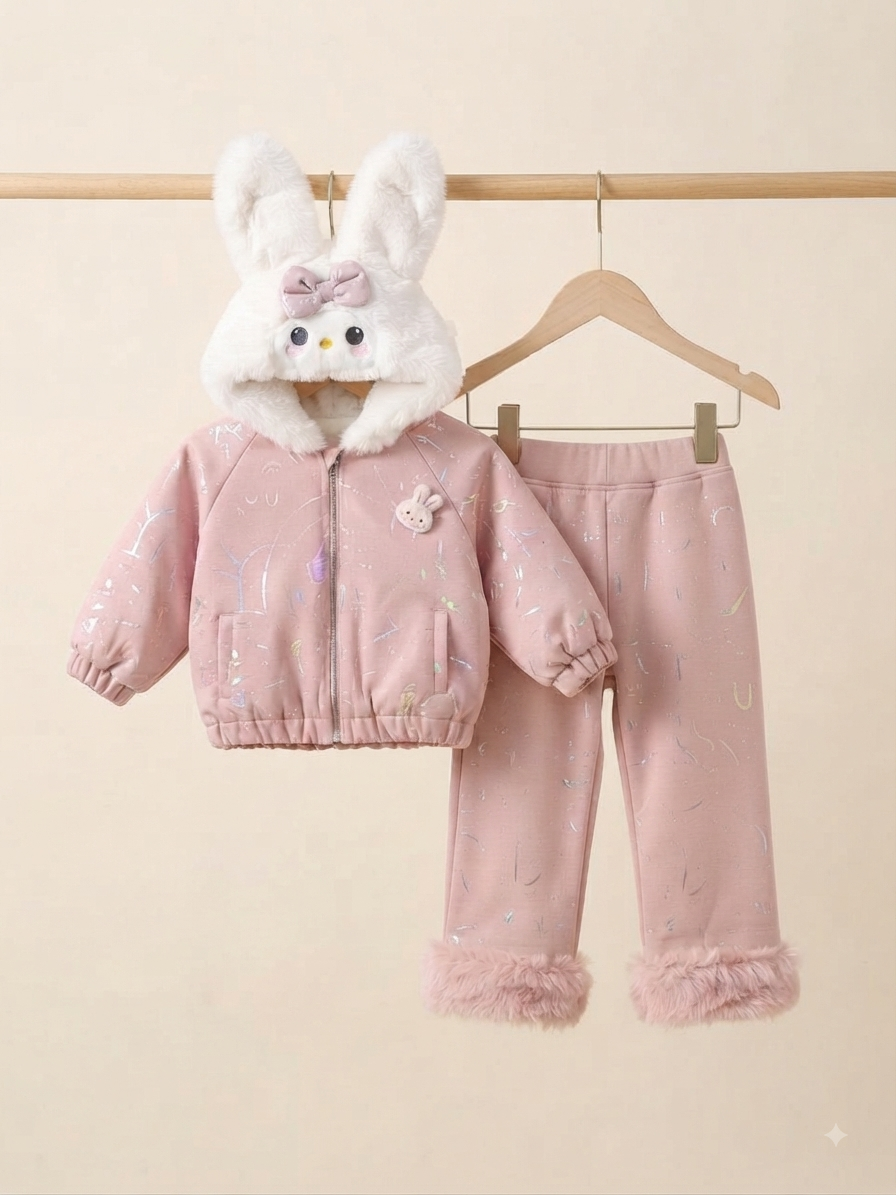 Toddler Girls Shimmering Winter Outfits With Furry Bunny Face Hoods And Faux Fur Cuffs