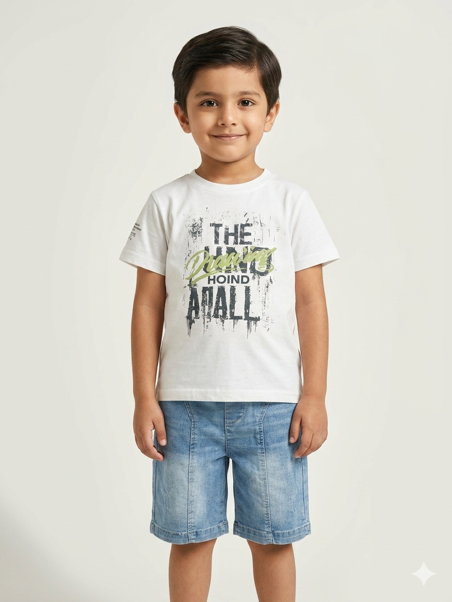 Boys Casual Graphic Cotton T-Shirt and Denim Shorts Two Piece Summer Outfit Set