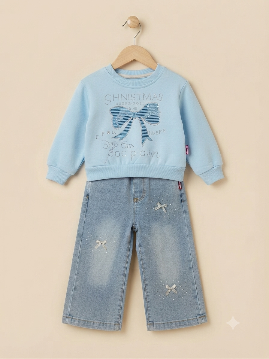 Stylish Girls Bow Graphic Sweatshirt And Full Length Trouser Outfit Set For Kids