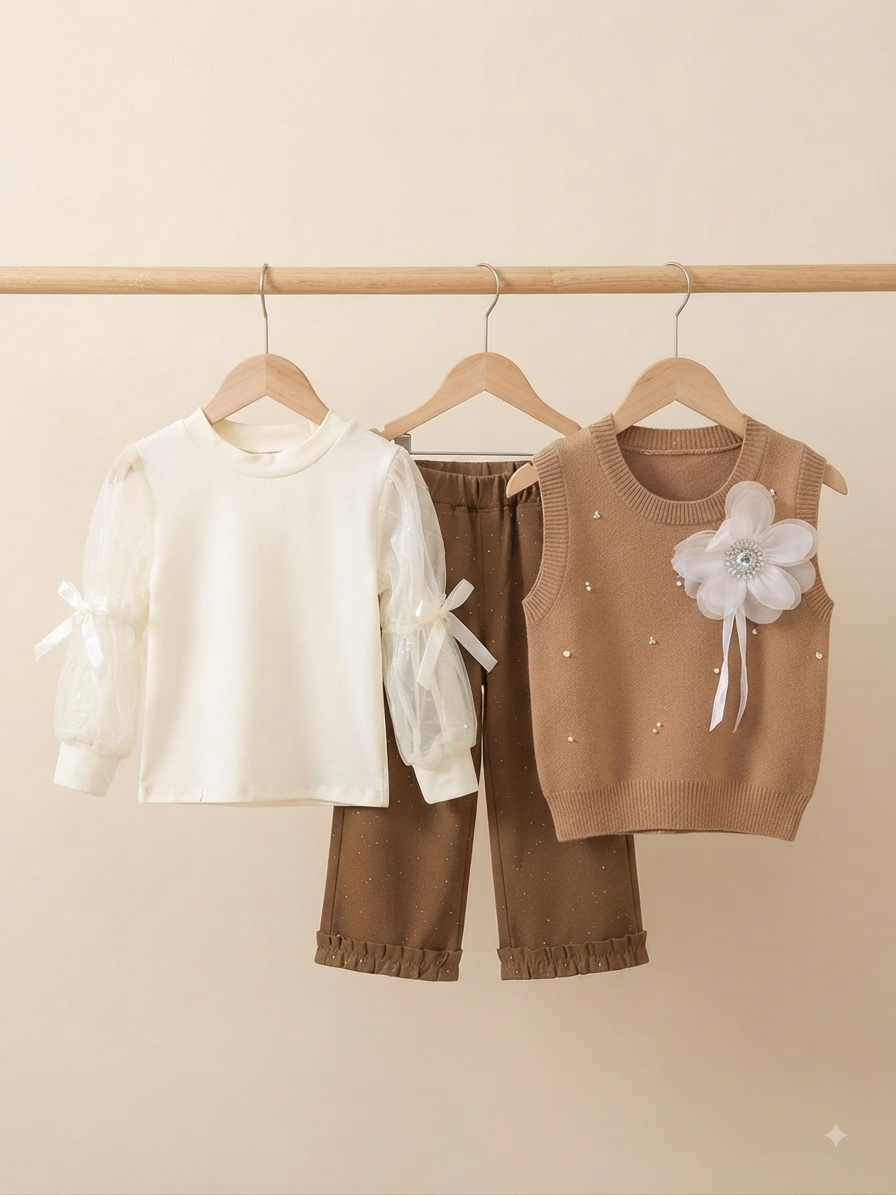 Stylish 3-Piece Girls Outfit Set Featuring Knit Sweater Vest, Sheer Sleeve Shirt, and Trousers
