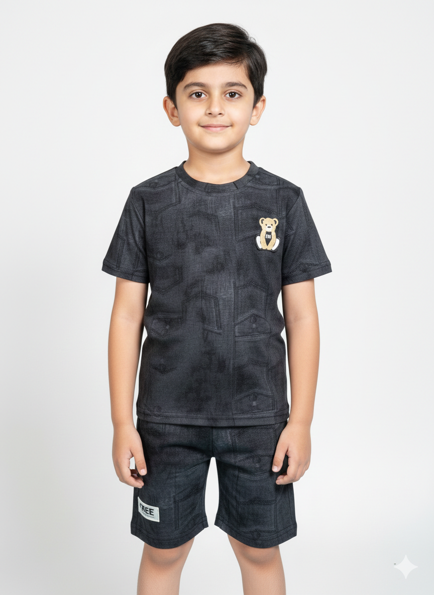 Cool Black Denim Texture Junior Boys Summer Cotton Teddy Bear T-Shirt and Shorts Set ✨