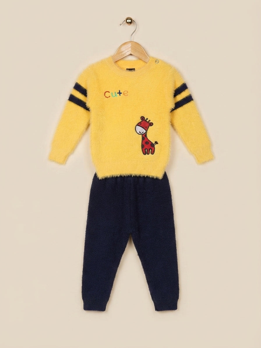 Fluffy Kids Cute Giraffe Graphic Winter Sweater And Trouser Outfit Set