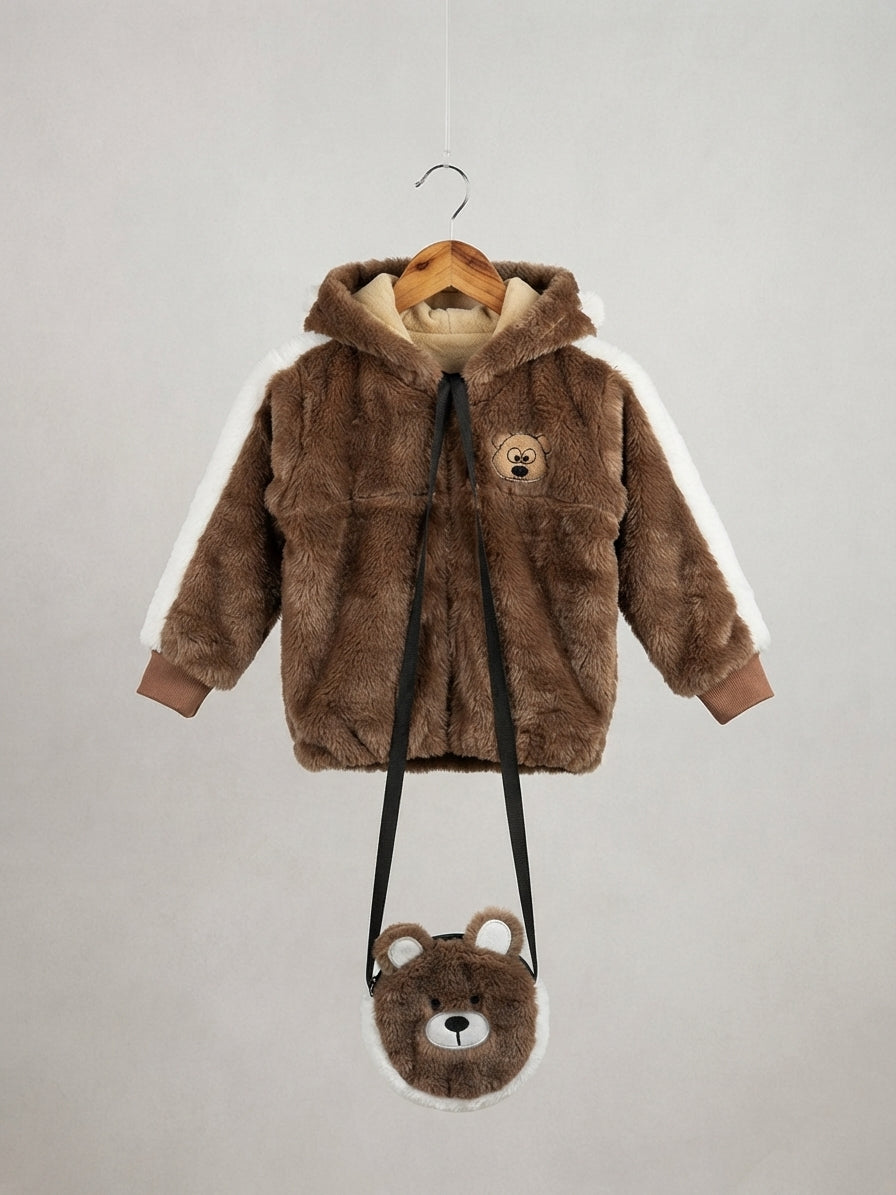 Kids Fluffy Furry Hooded Jacket And Matching Cute Animal Face Sling Bag Set
