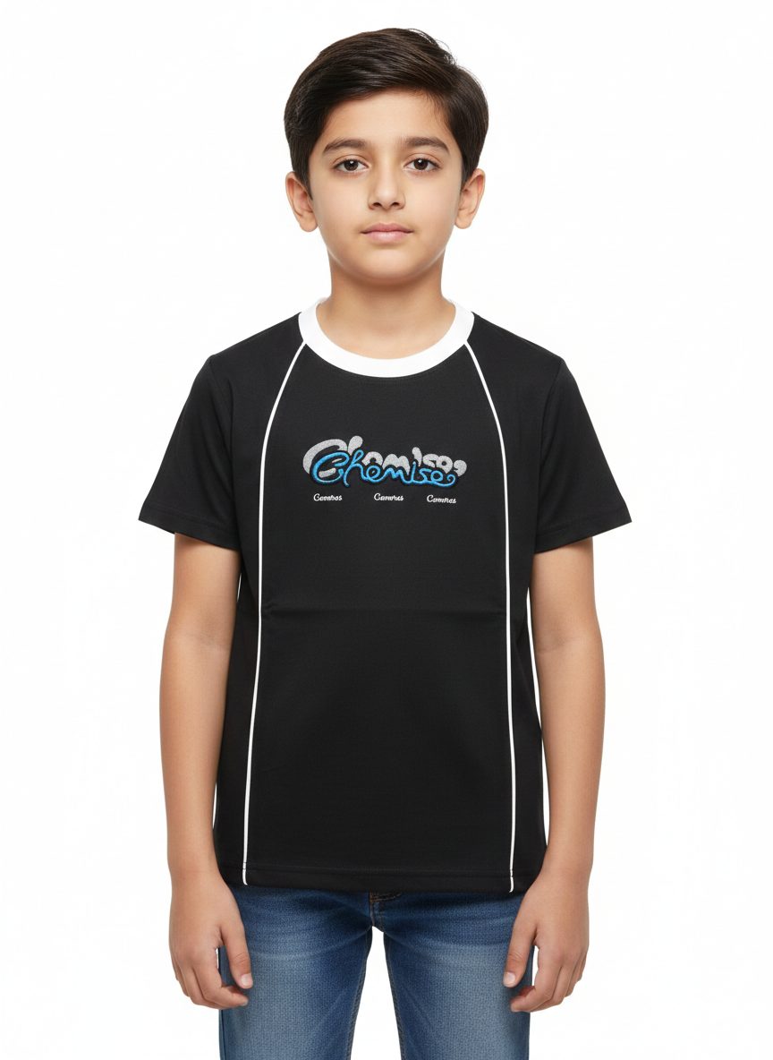 Smart Boys Casual Cream T-Shirt With Contrast Piping And Stylish Graphic Logo Detail