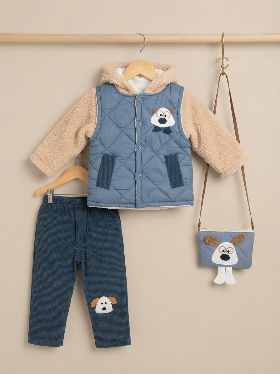 Cute Kids Winter Outfit Set with Hooded Jacket, Corduroy Pants, and Matching Dog Bag