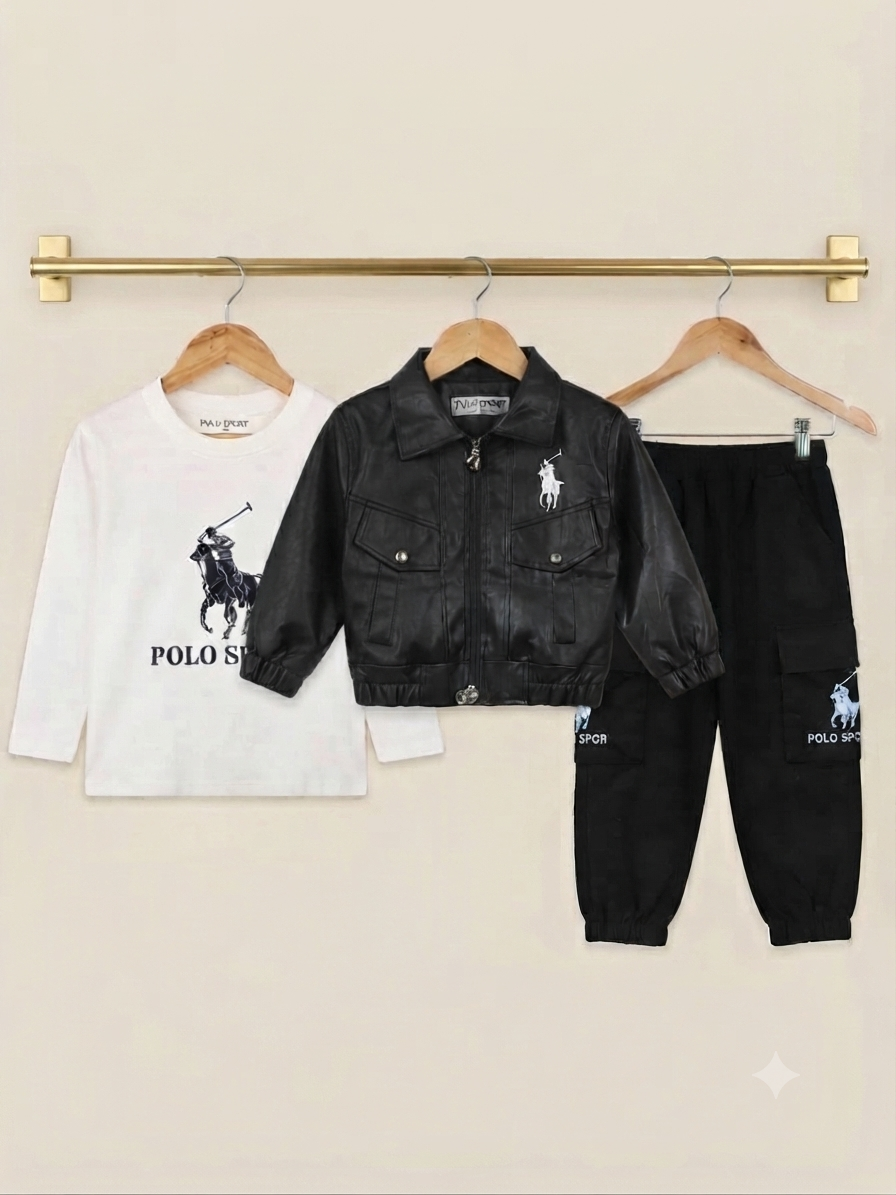 Kids Stylish 3-Piece Polo Sport Leather Jacket T-Shirt And Cargo Trouser Outfit Set