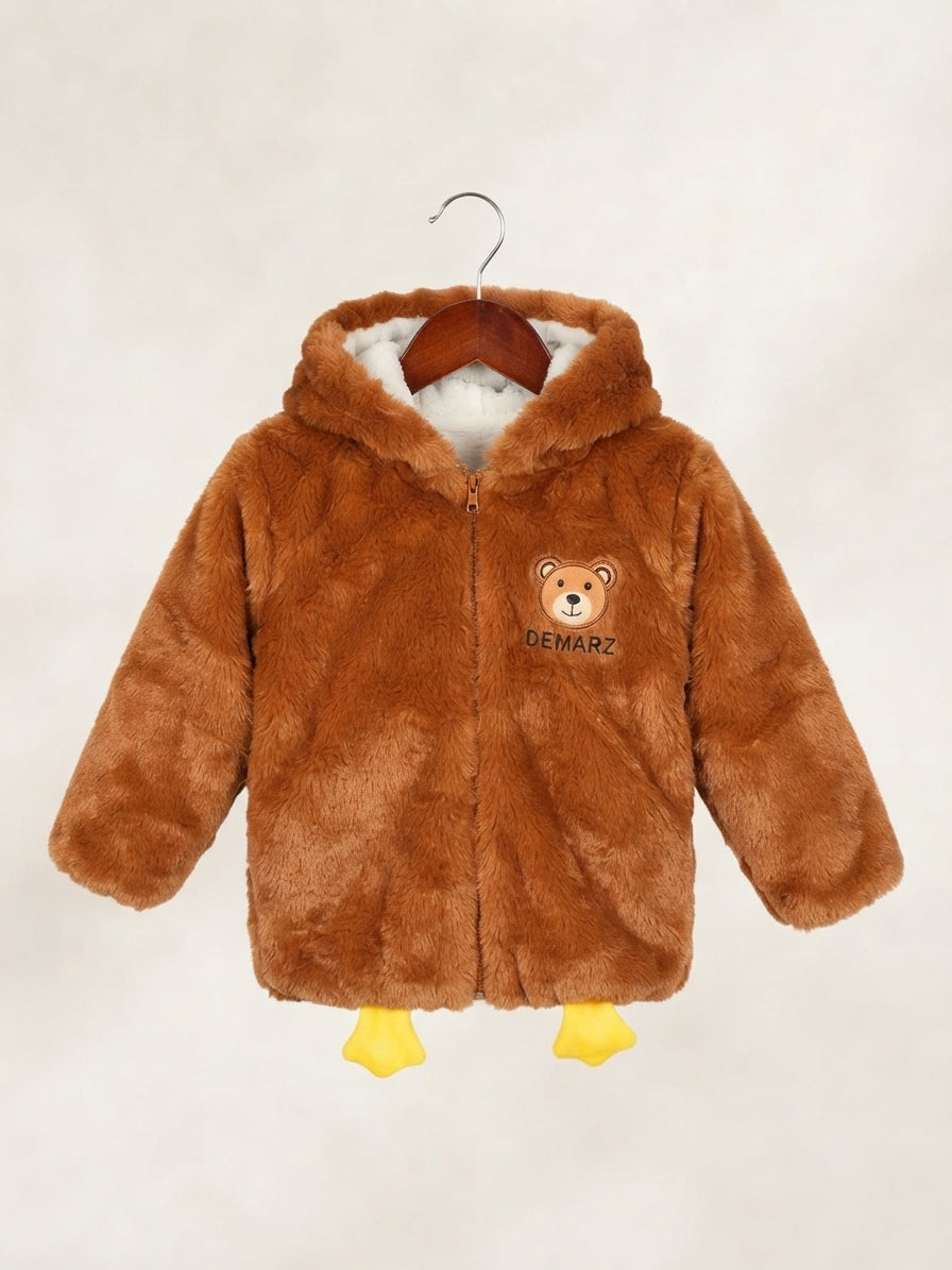 Cute Fluffy Faux Fur Hooded Kids Winter Jacket With Playful Bottom Duck Feet