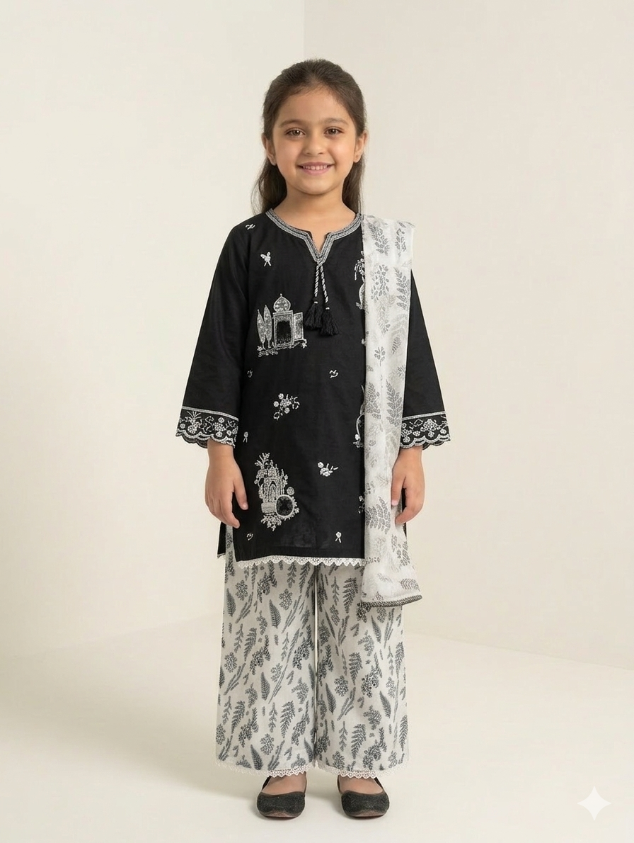 Elegant Girls' Three-Piece Embroidered Shalwar Kameez Set With Printed Trousers And Matching Light Dupatta