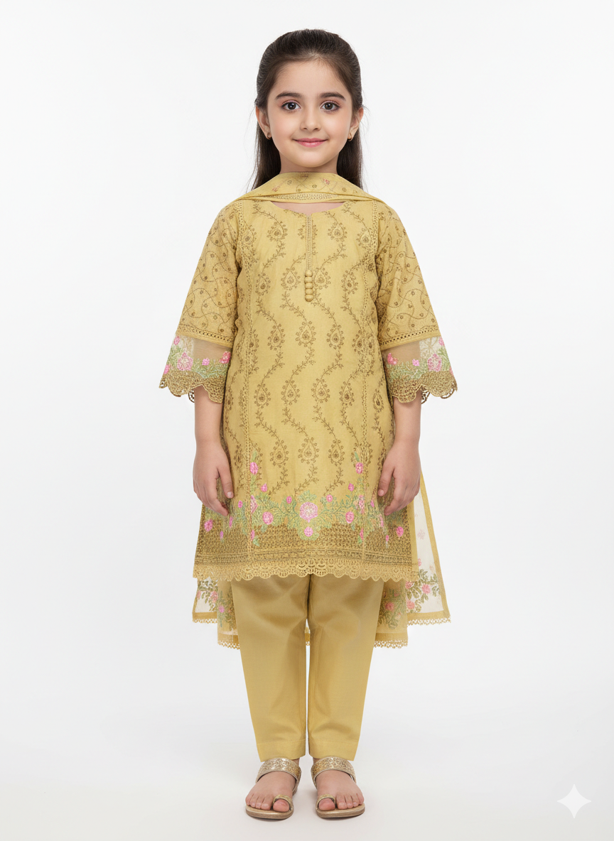 Girls' 3-Piece Embroidered Chiffon Kurta Set with Scalloped Lace Borders and Matching Straight Trousers