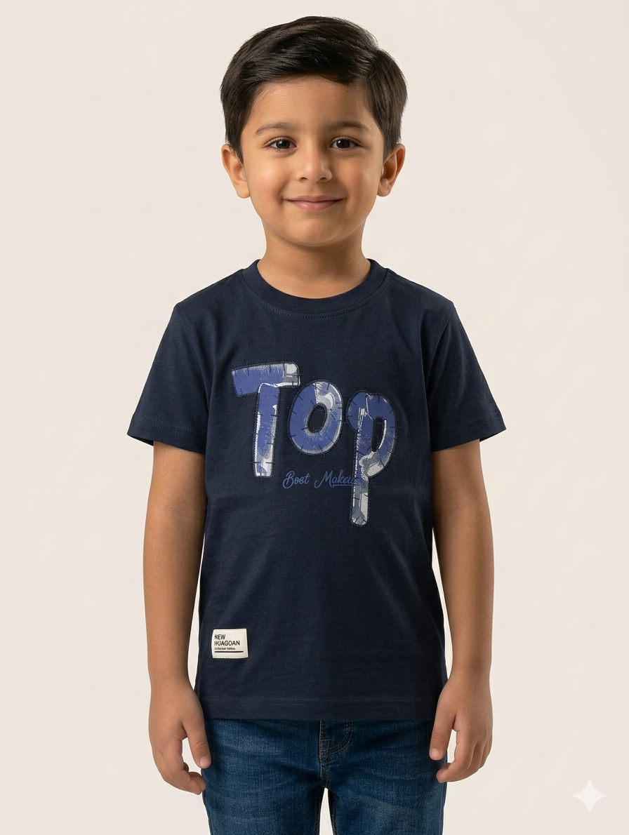 Boys Casual Cotton Graphic T-Shirt with Unique Patchwork Letter Print and Soft Ribbed Crewneck