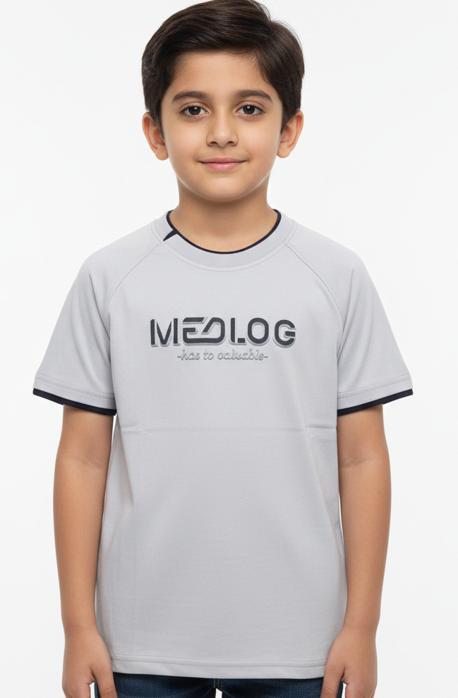 Premium Kids Raglan Tee: Stylish MEDLOG Embossed Cotton T-Shirt for Boys – Multi-Color