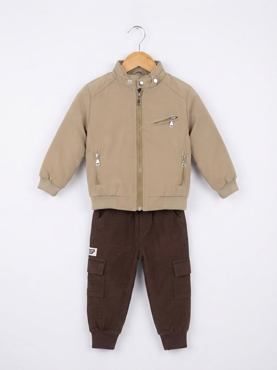 Black Faux Leather Jacket and Matching Cargo Pants Outfit Set For Kids