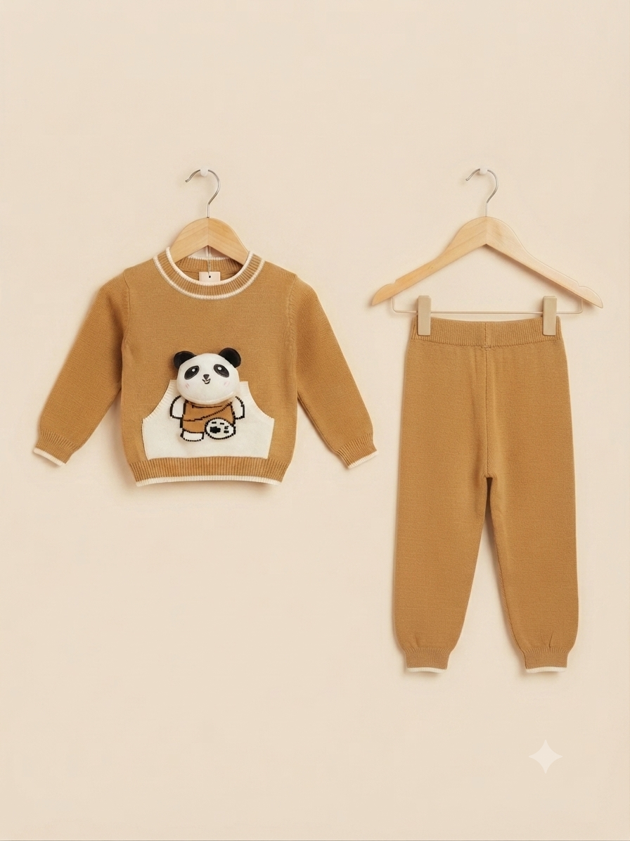 Kids Brown Knit Sweater And Full Length Trousers Set With Cute Panda Pocket Design