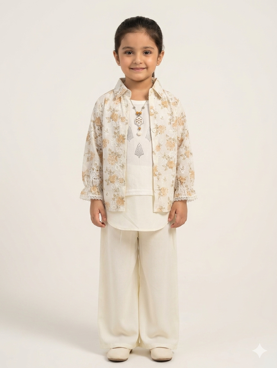 Elegant Two Piece Floral Lace Shrug Set with Embroidered Inner and Matching Wide Leg Trousers