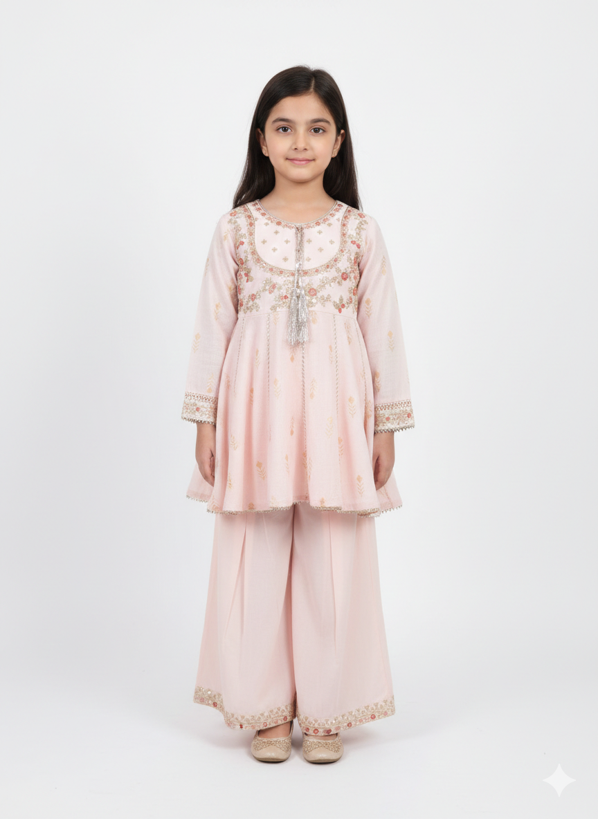 Elegant Powder Pink Embroidered Peplum Suit with Floral Accents, Wide Trousers, and Matching Dupatta