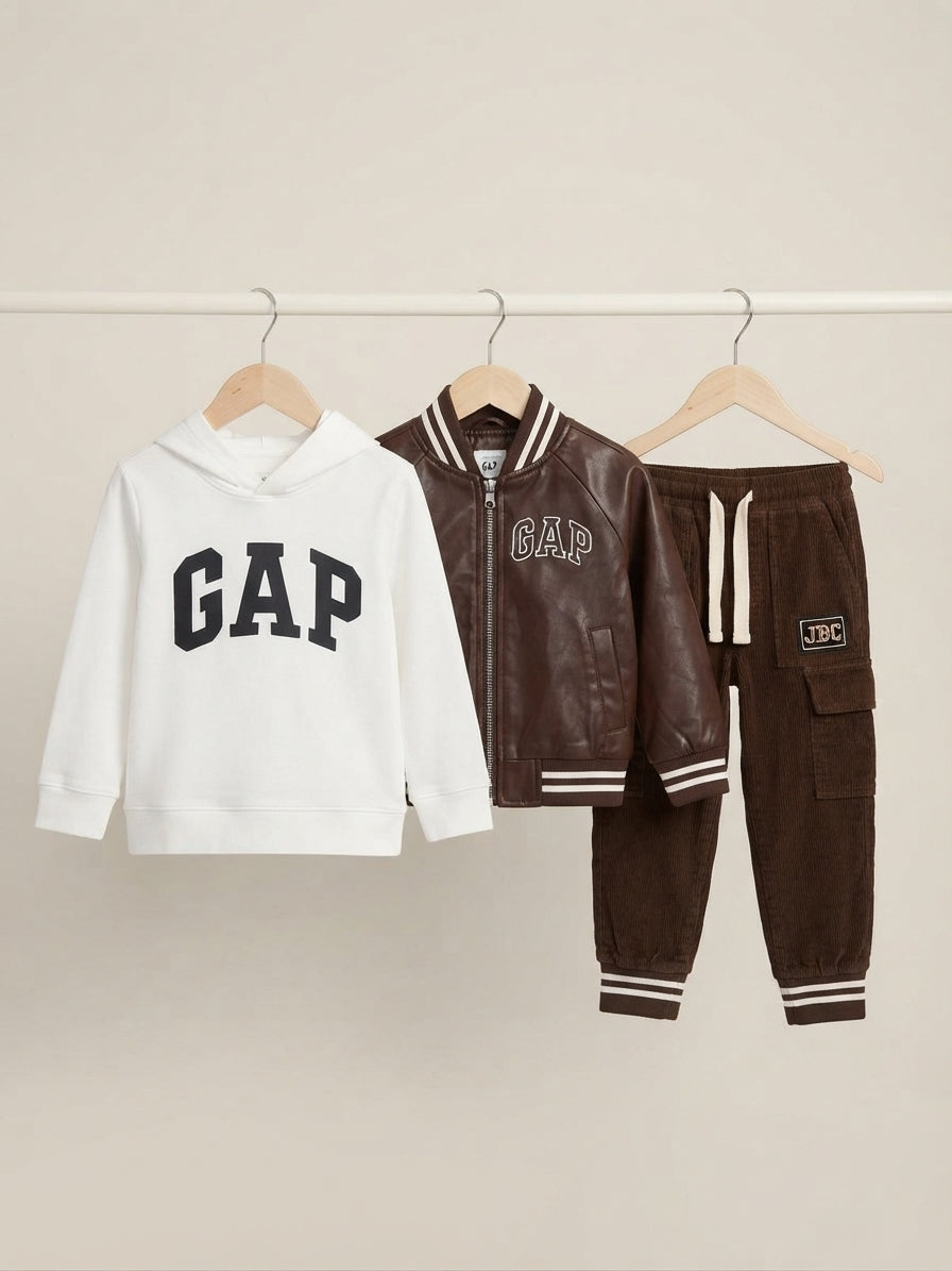 Stylish Kids 3-Piece Gap Outfit Set With Letter Hoodie Leather Jacket And Pants