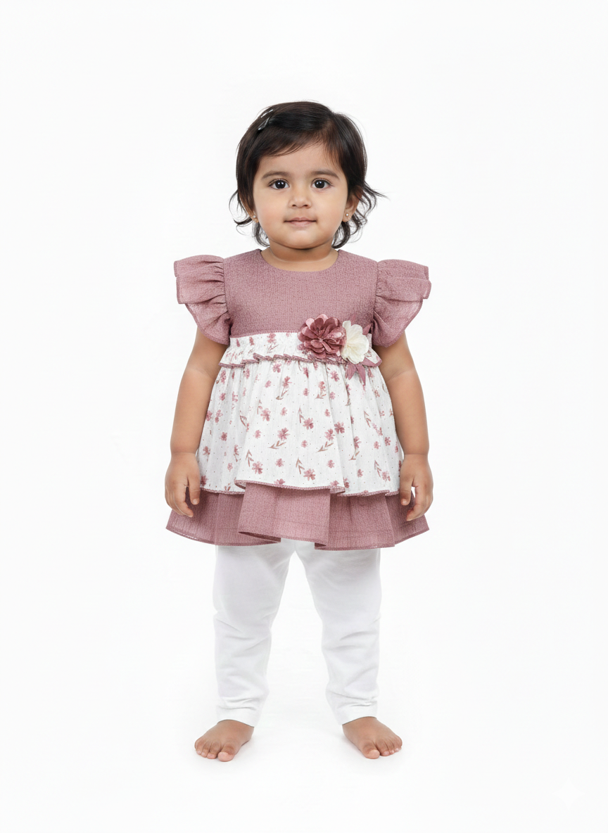 Toddler Girls' Elegant Olive Green and White Floral Tiered Frock with Flutter Sleeves Set