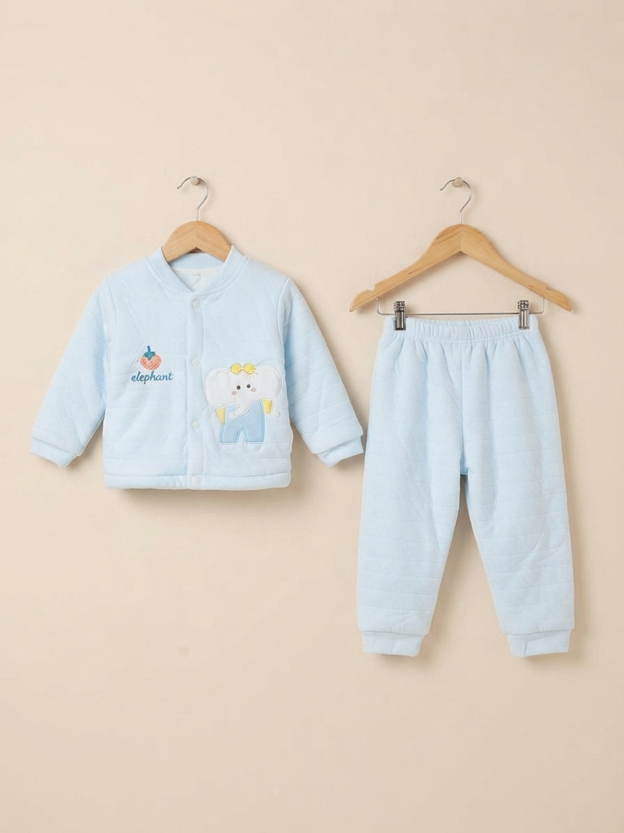 Cute Elephant Embroidery Fleece Winter Jacket With Matching Full-Length Trouser Set