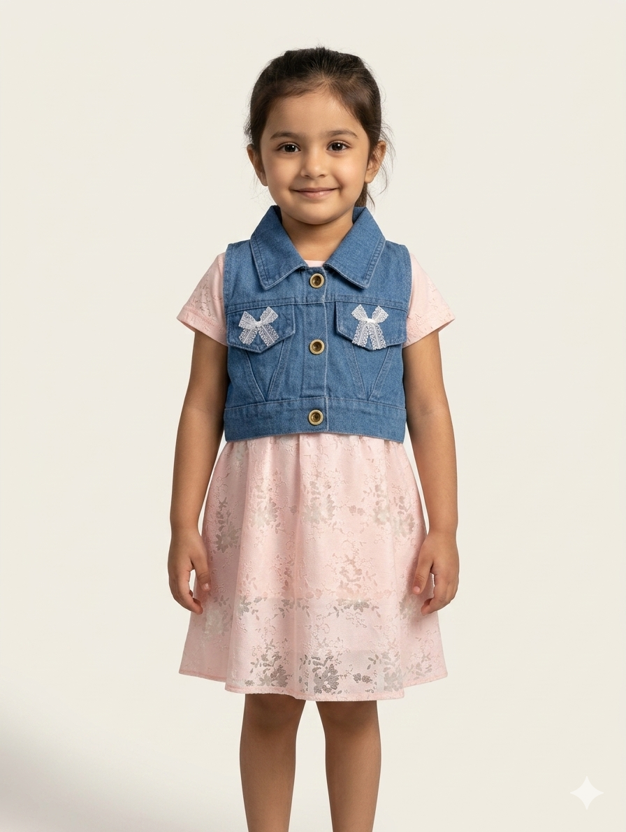 Toddler Girls' Sweet Pink Floral Lace Dress with Stylish Blue Denim Button-Up Vest