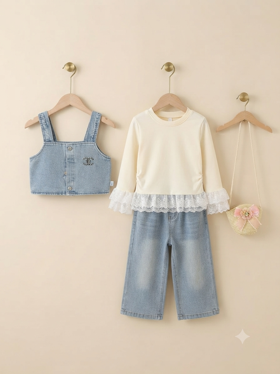 Stylish Girls Denim Crop Top And Shirt Set With Matching Trousers And Cute Bag