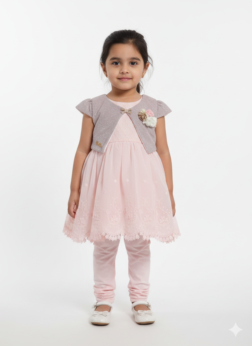 Elegant Toddler Girl Occasion Dress with Lace Embroidery, Matching Bolero Jacket, and Comfortable Leggings
