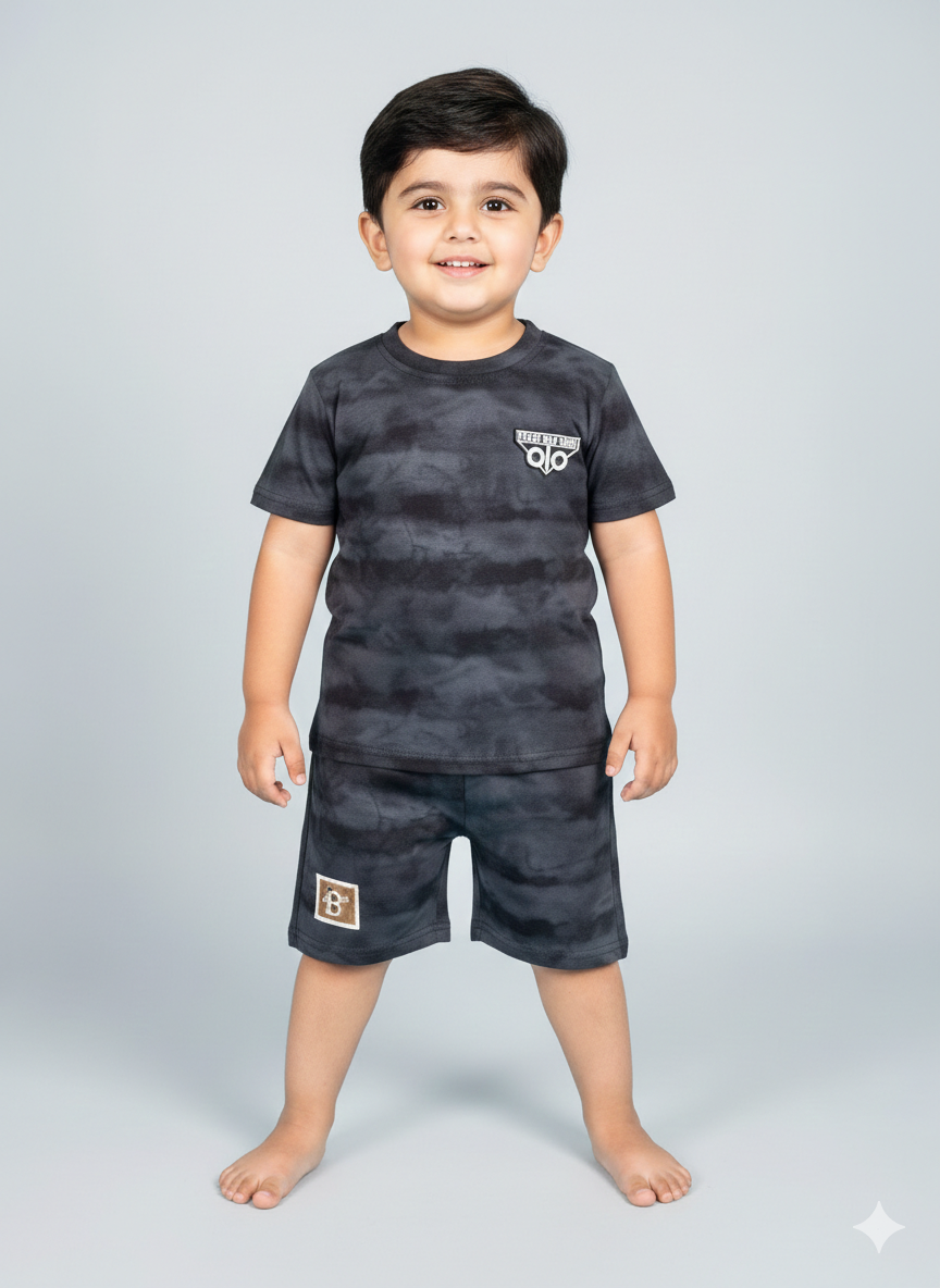 Trendy Grey Cloud Tie Dye Junior Boys Summer Cotton T-Shirt and Shorts Pajama Set ✨