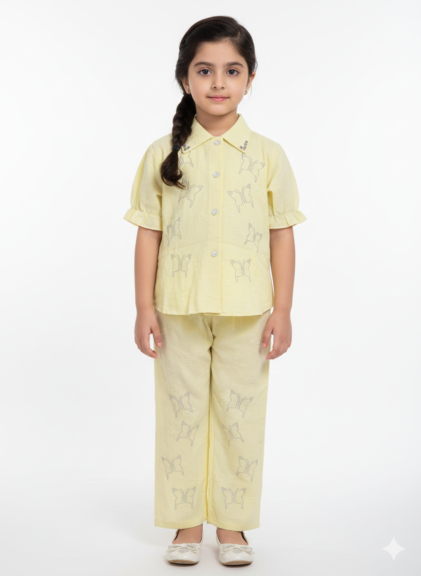 Elegant Girls' Butterfly Embroidered Two-Piece Summer Set in Pale Yellow and Classic Off-White Tones.