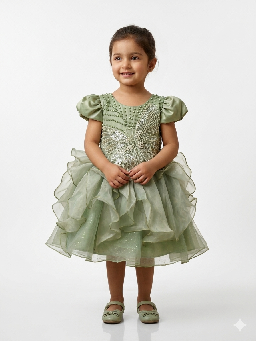 Sparkly Butterfly Sequin Girls Party Dress with Ruffled Organza Skirt and Elegant Pearl Accents