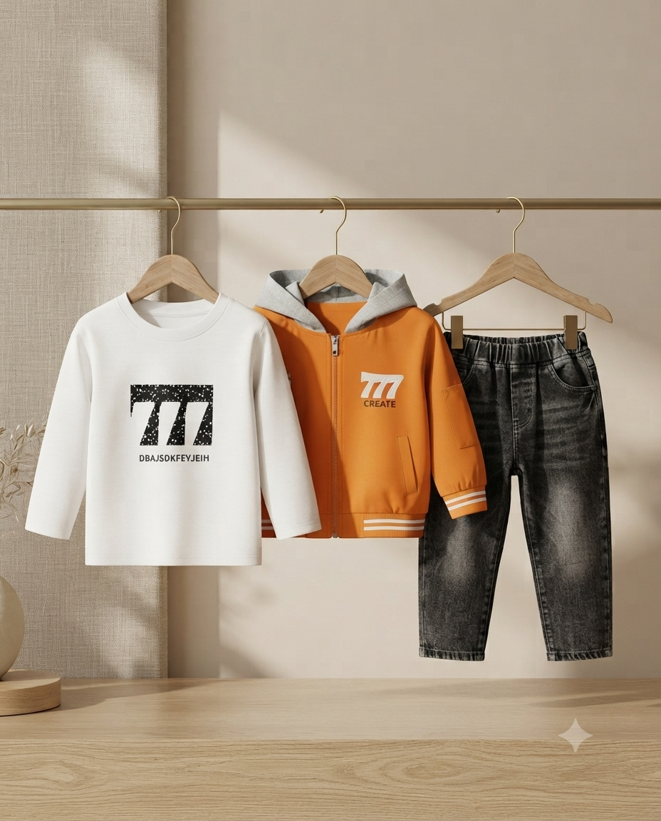 Boys Stylish 3-Piece Outfit Set: Graphic Sweatshirt, Hooded Zip Jacket, And Washed Denim Jeans