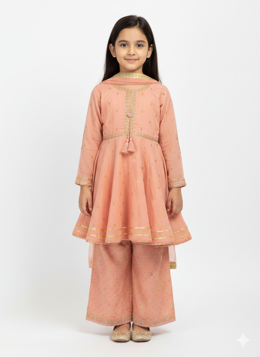 Girls' Elegant Embroidered Peplum Suit with Wide-Leg Trousers and Matching Dupatta - Festive Collection