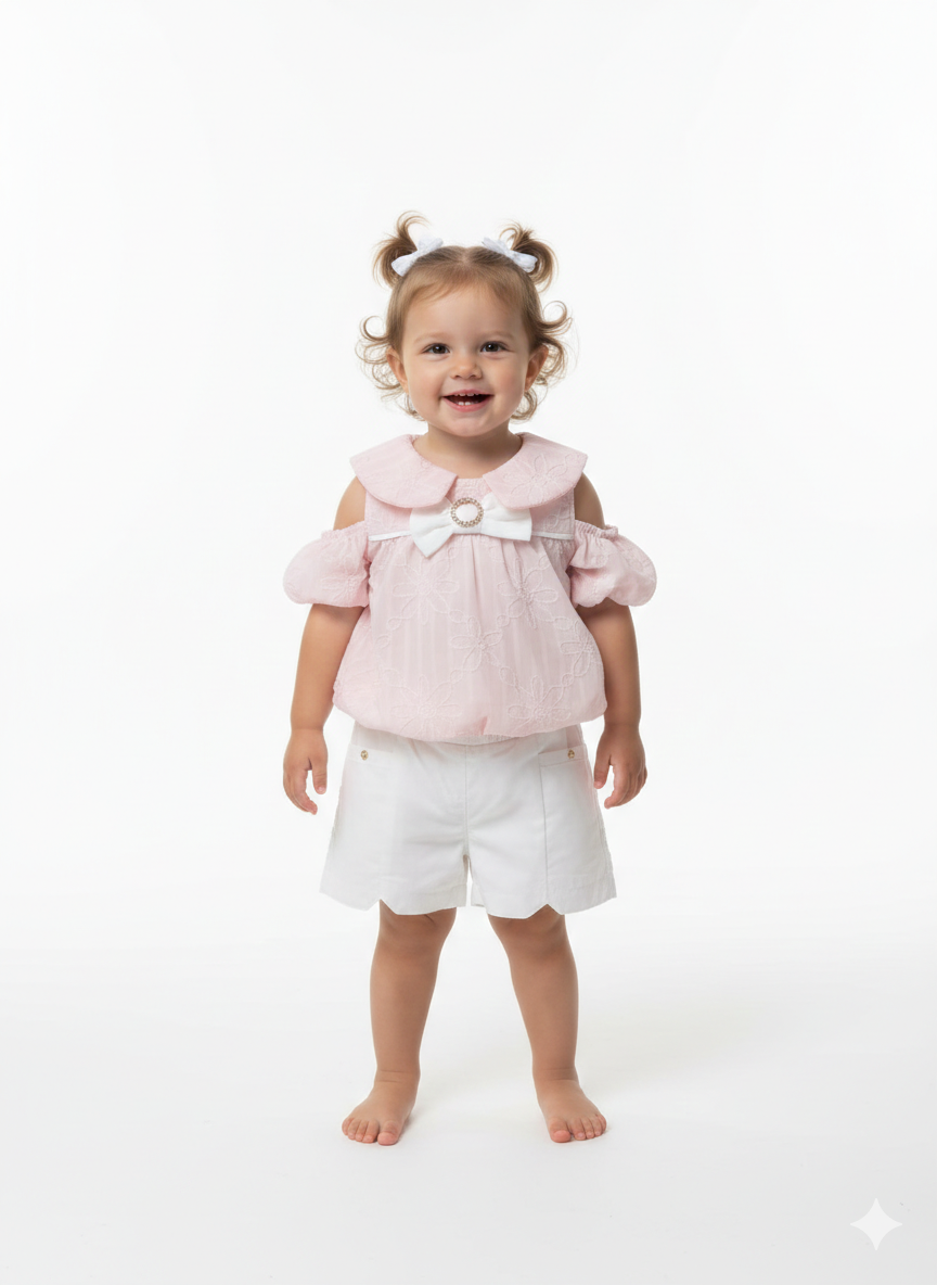 Toddler Girls' Eyelet Lace Cold-Shoulder Blouse and Scalloped Shorts Two-Piece Summer Set