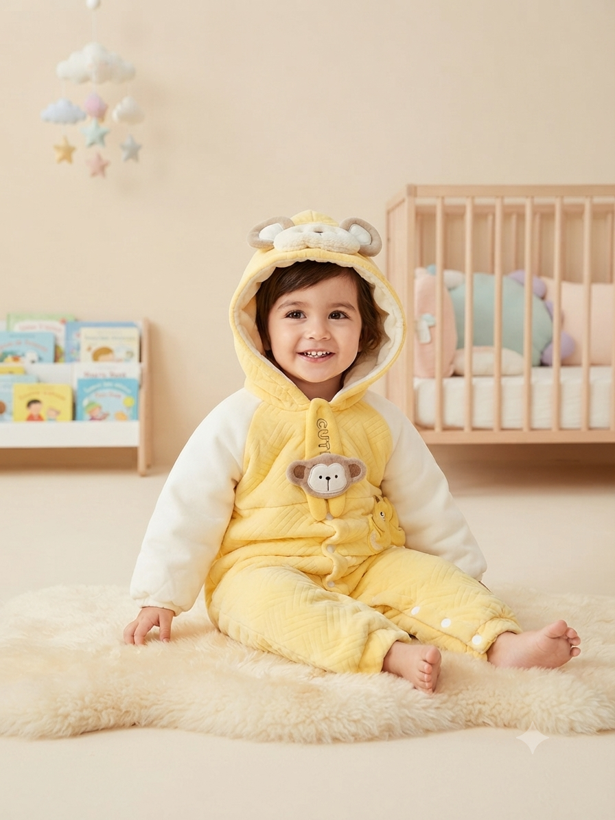 Adorable Green Monkey Hooded Baby Romper Warm Fleece Winter Jumpsuit For Toddler Boys