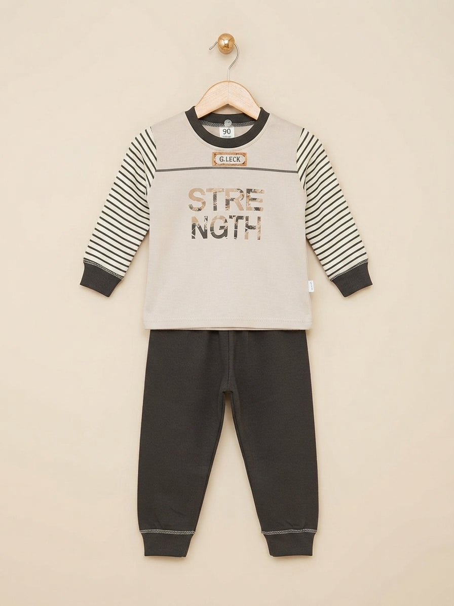 Stylish Kids Striped Sleeve Strength Graphic Shirt And Matching Trouser Outfit Set