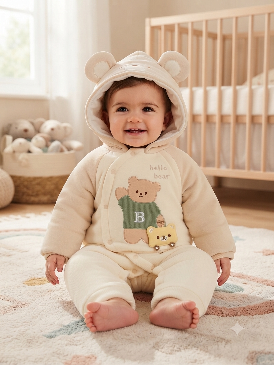 Cute Bear Hooded Winter Romper Thick Warm Baby Jumpsuit Soft Fleece Infant Clothing