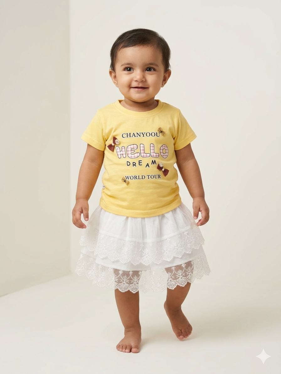 Baby Girls Cute Graphic Cotton T-Shirt And Layered Lace Tutu Skirt Two Piece Set